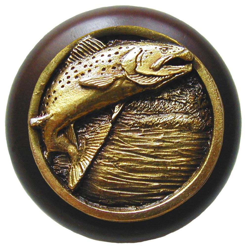 Notting Hill Leaping Trout Wood Knob in Antique Brass /Dark Walnut wood finish
