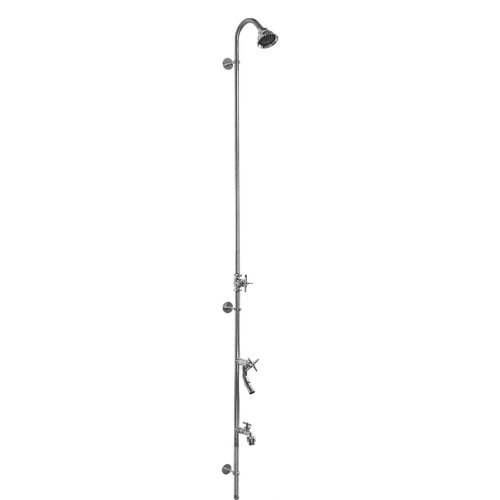 Outdoor Shower Wall Mount Single Supply Shower - Cross Handle Valve, 3'' Shower Head, Hose Bibb, Foot Shower