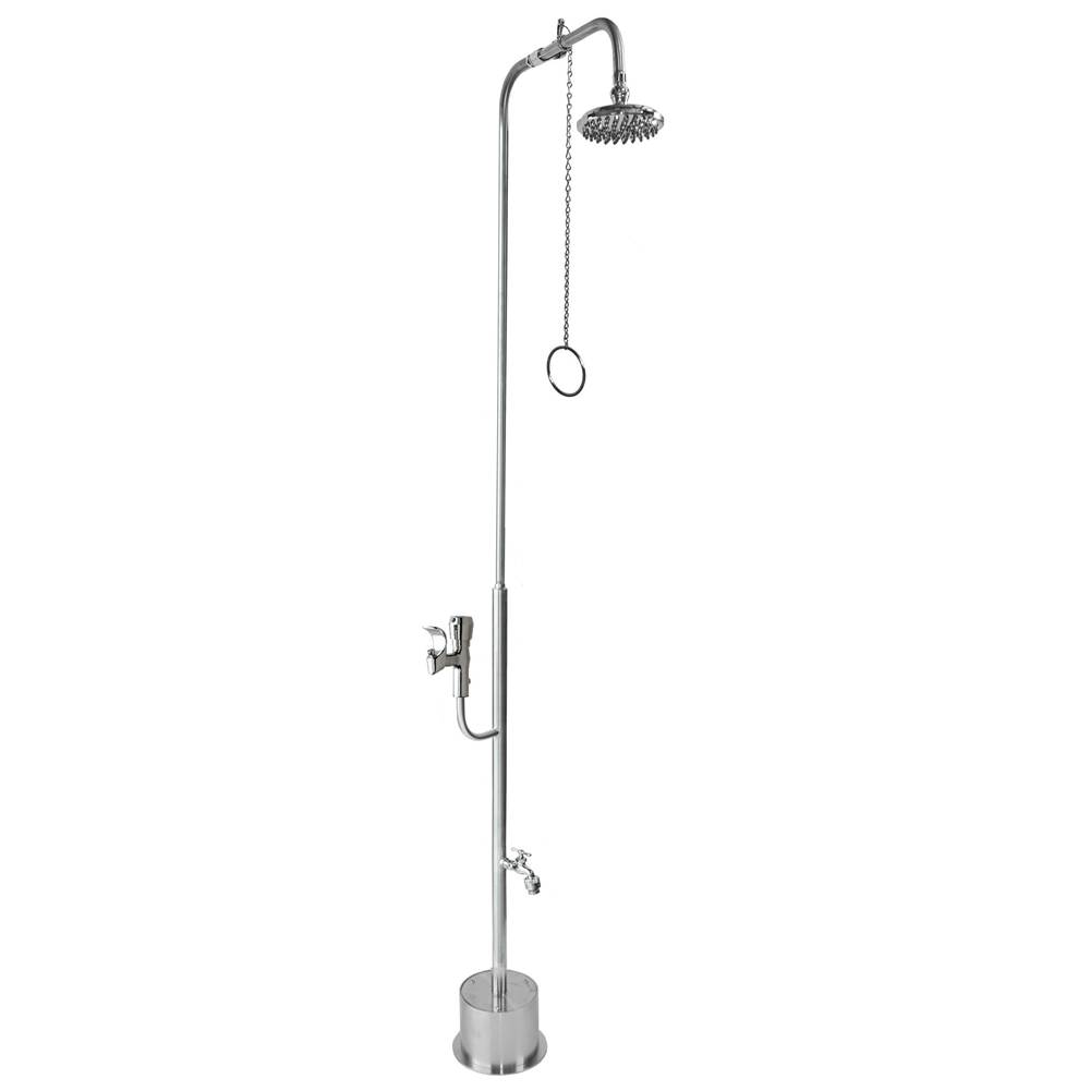Outdoor Shower Free Standing Single Supply Shower - Pull Chain Valve, 8'' Shower Head, Hose Bibb, ADA Metered Drinking Fountain