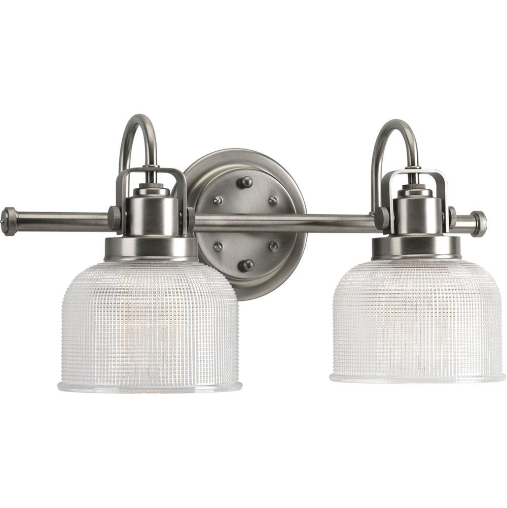 Progress Lighting Archie Collection Two-Light Antique Nickel Clear Double Prismatic Glass Coastal Bath Vanity Light