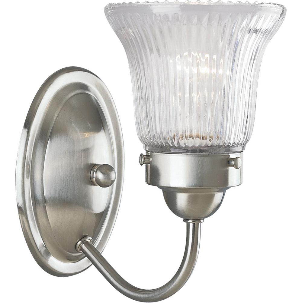 Progress Lighting Fluted Glass Collection One-Light Brushed Nickel Clear Prismatic Glass Traditional Bath Vanity Light