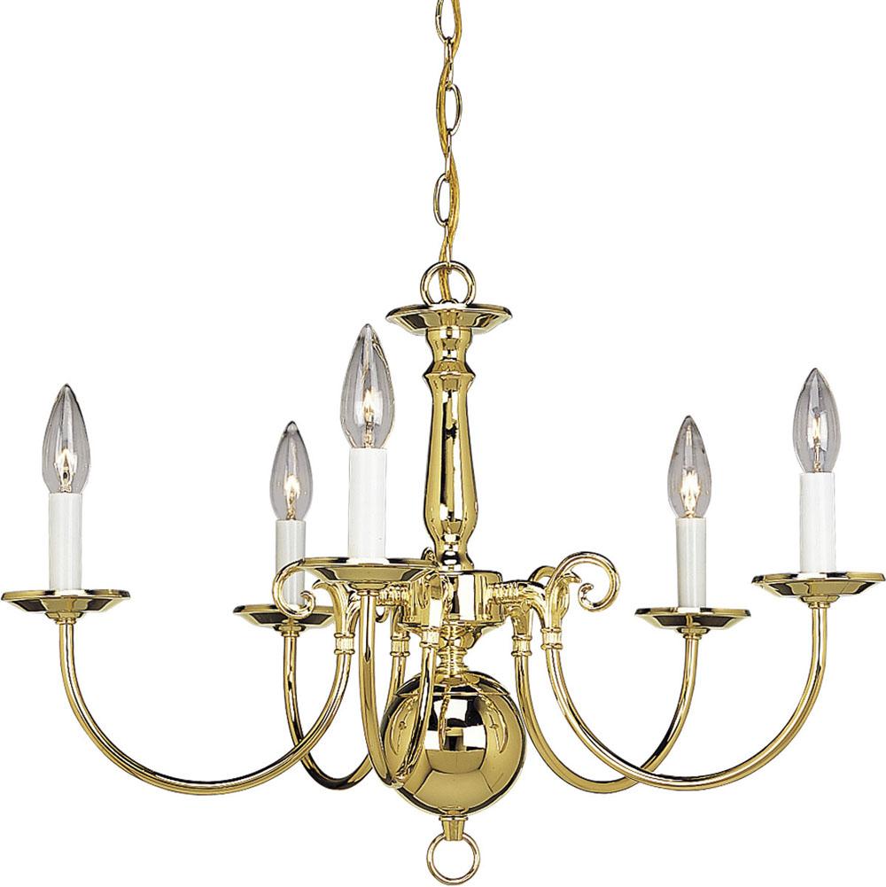 Progress Lighting Americana Collection Five-Light Polished Brass White Candle Traditional Chandelier Light