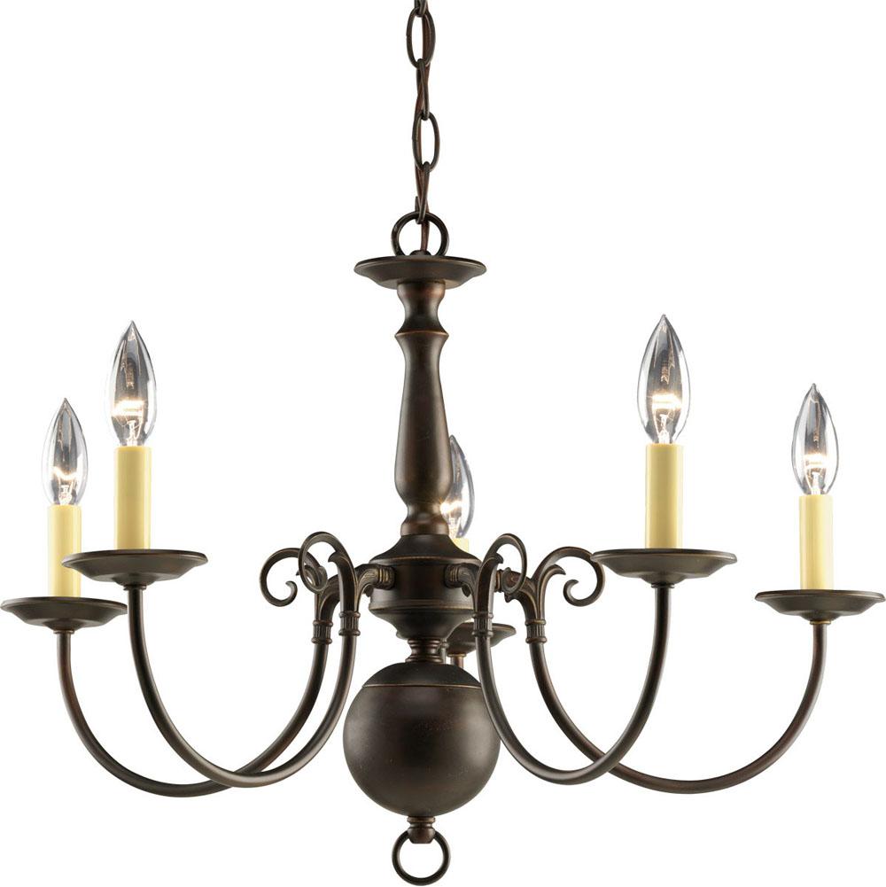 Progress Lighting Americana Collection Five-Light Antique Bronze Ivory Candle Traditional Chandelier Light