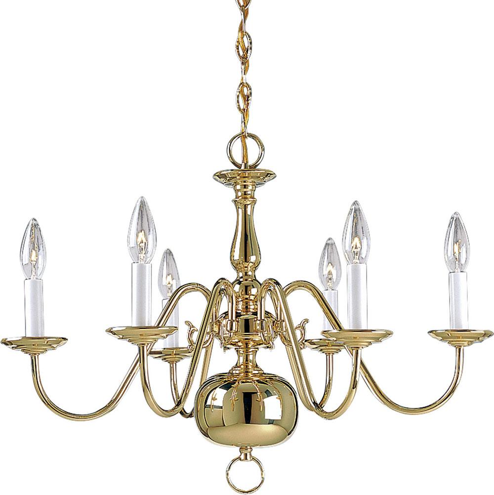 Progress Lighting Americana Collection Six-Light Polished Brass White Candle Traditional Chandelier Light