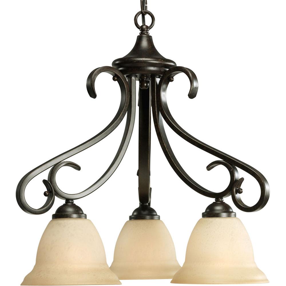 Progress Lighting Torino Collection Three-Light Forged Bronze Tea-Stained Glass Transitional Chandelier Light