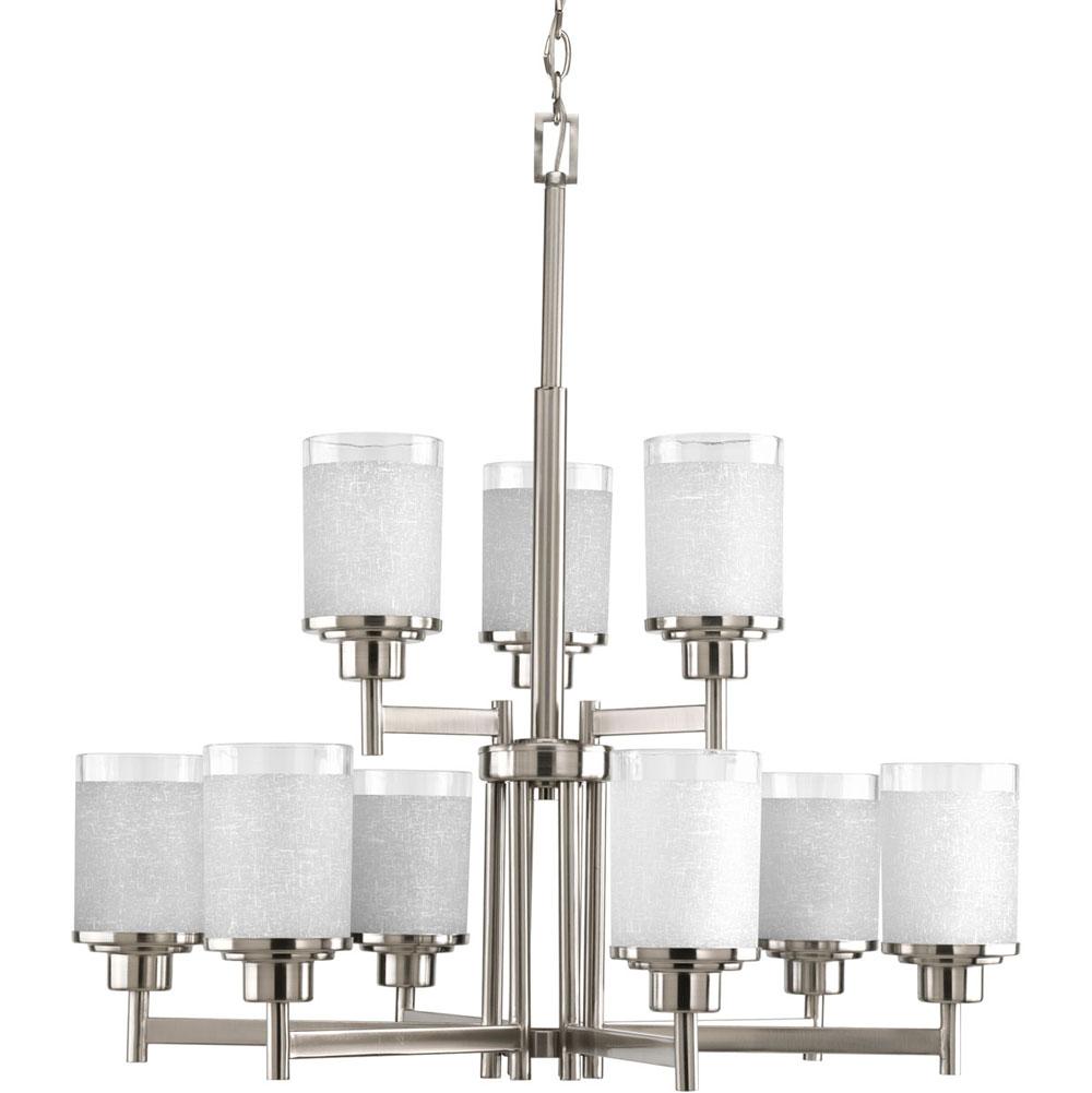 Progress Lighting Alexa Collection Nine-Light Brushed Nickel Etched Linen With Clear Edge Glass Modern Chandelier Light
