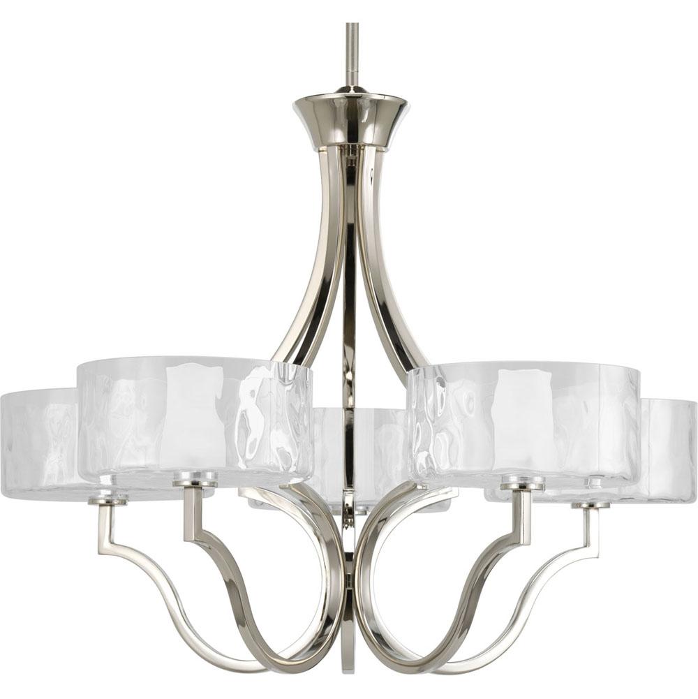 Progress Lighting Caress Collection Five-Light Polished Nickel Clear Water Glass Luxe Chandelier Light