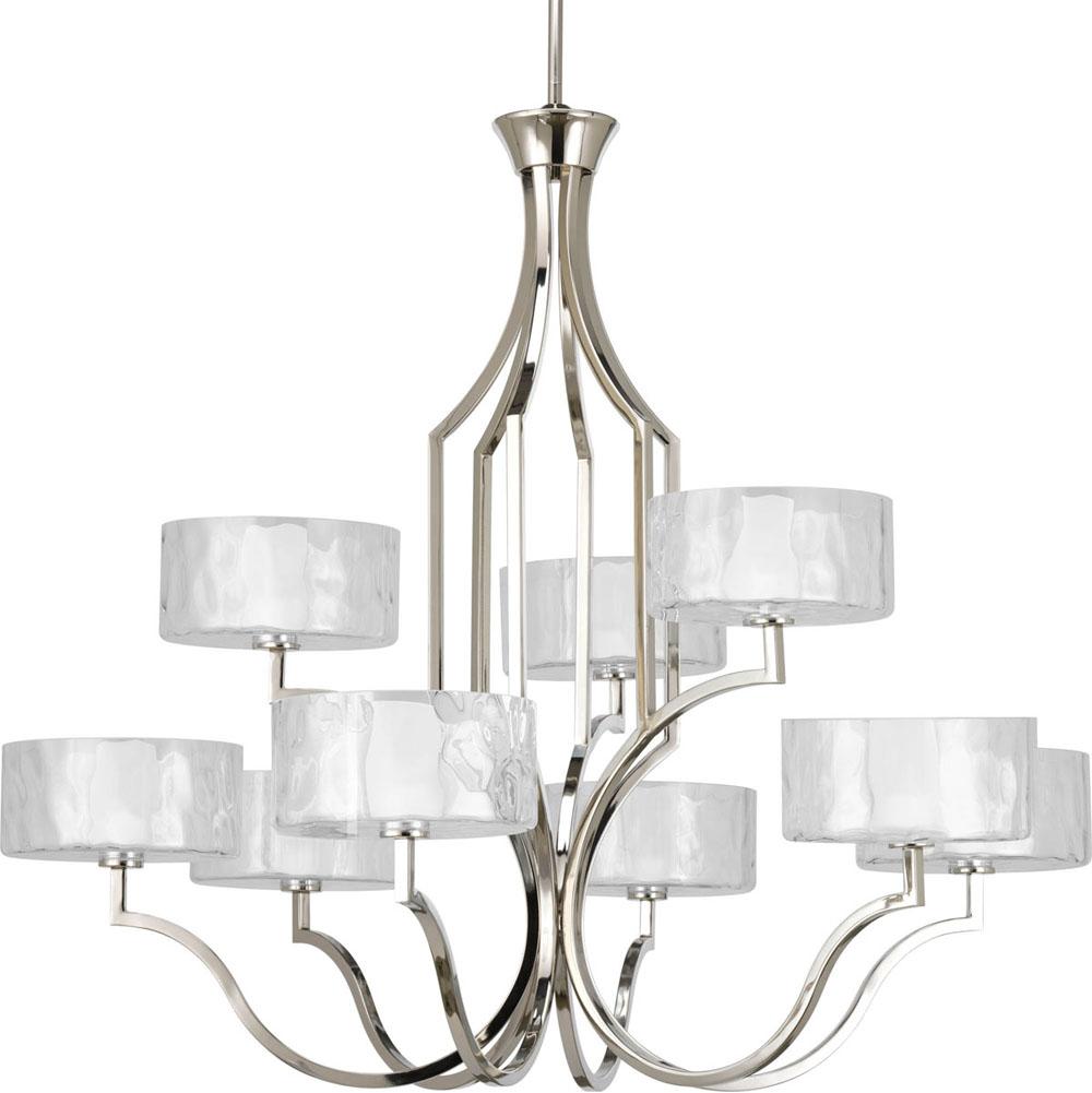 Progress Lighting Caress Collection Nine-Light Polished Nickel Clear Water Glass Luxe Chandelier Light