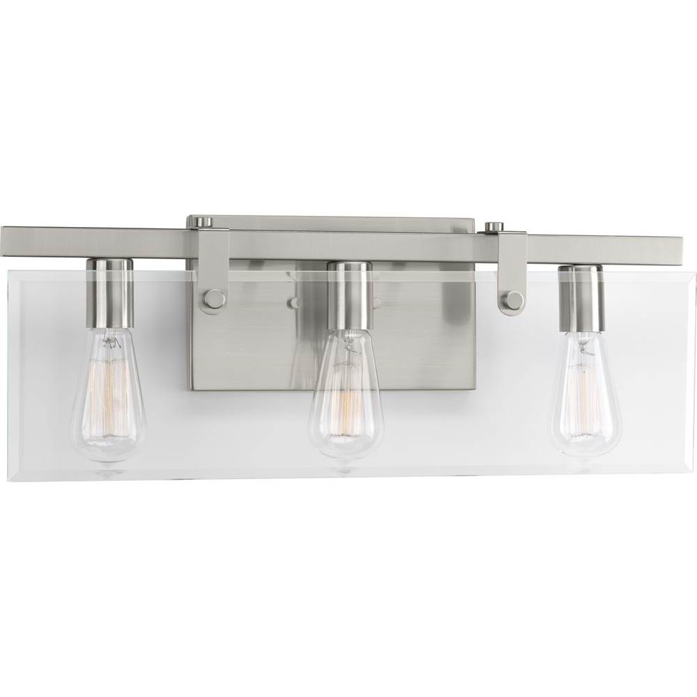 Progress Lighting Glayse Collection Three-Light Brushed Nickel Clear Glass Luxe Bath Vanity Light