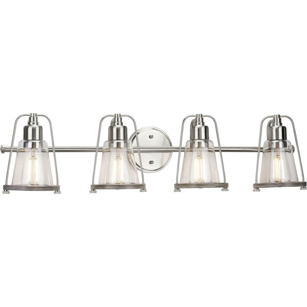 Progress Lighting Conway Collection Four-Light Brushed Nickel and Clear Seeded Farmhouse Style Bath Vanity Wall Light