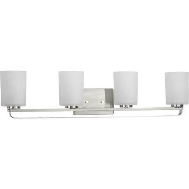 Progress Lighting League Collection Four-Light Brushed Nickel and Etched Glass Modern Farmhouse Bath Vanity Light