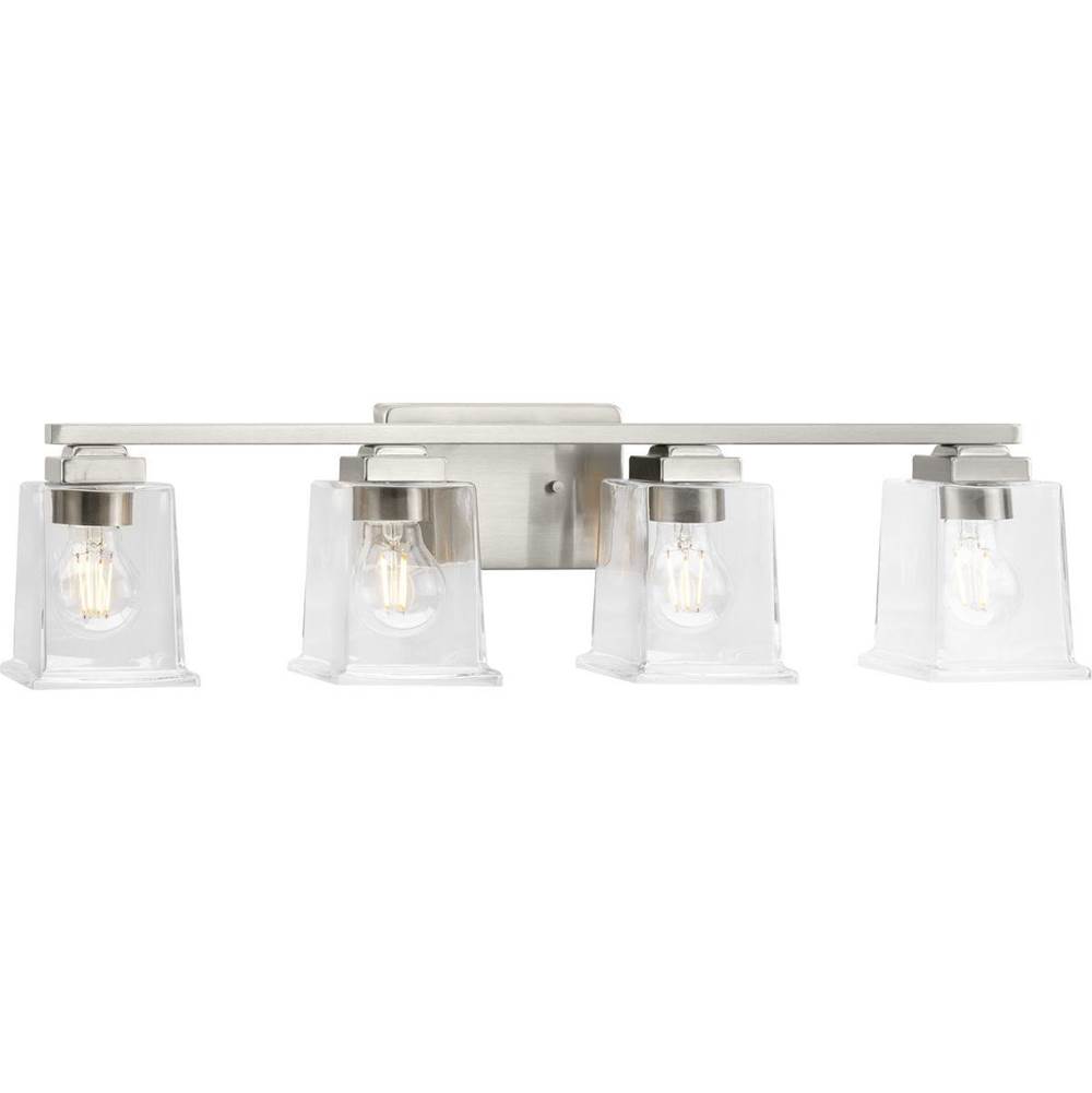 Progress Lighting Gilmour Collection Four-Light Modern Farmhouse Brushed Nickel Clear Glass Bath Vanity Light