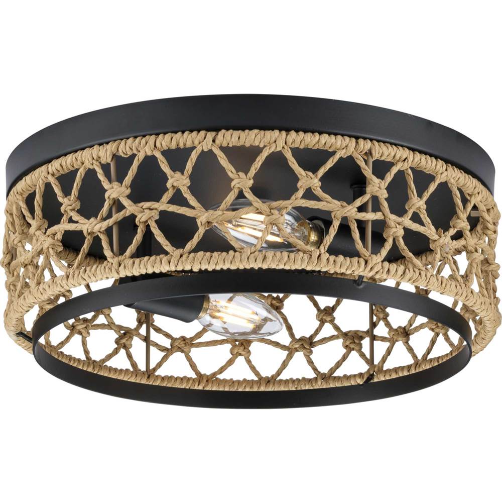 Progress Lighting Chandra Collection 12 in. Two-Light Matte Black Global Flush Mount with Woven Shade
