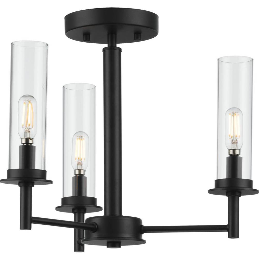 Progress Lighting Kellwyn Collection Three-Light Matte Black and Clear Glass Transitional Style Convertible Semi-Flush Ceiling or Hanging Pendant Light
