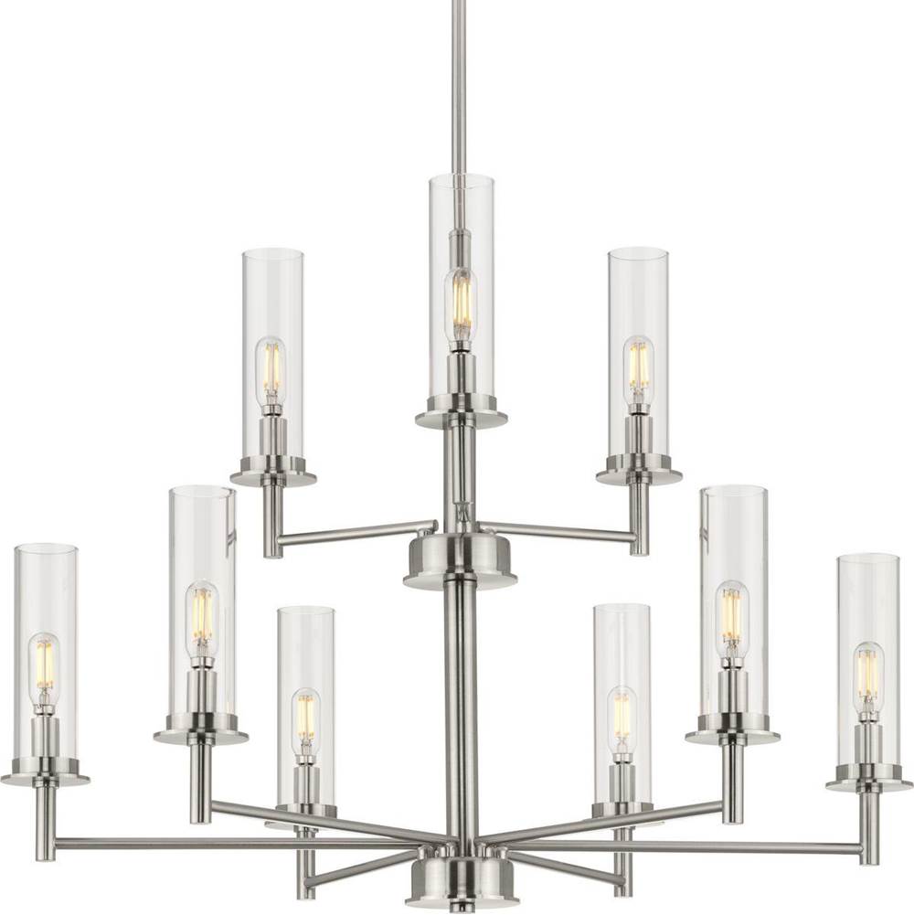 Progress Lighting Kellwyn Collection Nine-Light Brushed Nickel and Clear Glass Transitional Style Chandelier Light