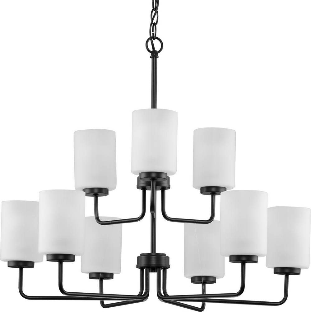Progress Lighting Merry Collection Nine-Light Matte Black and Etched Glass Transitional Style Chandelier Light