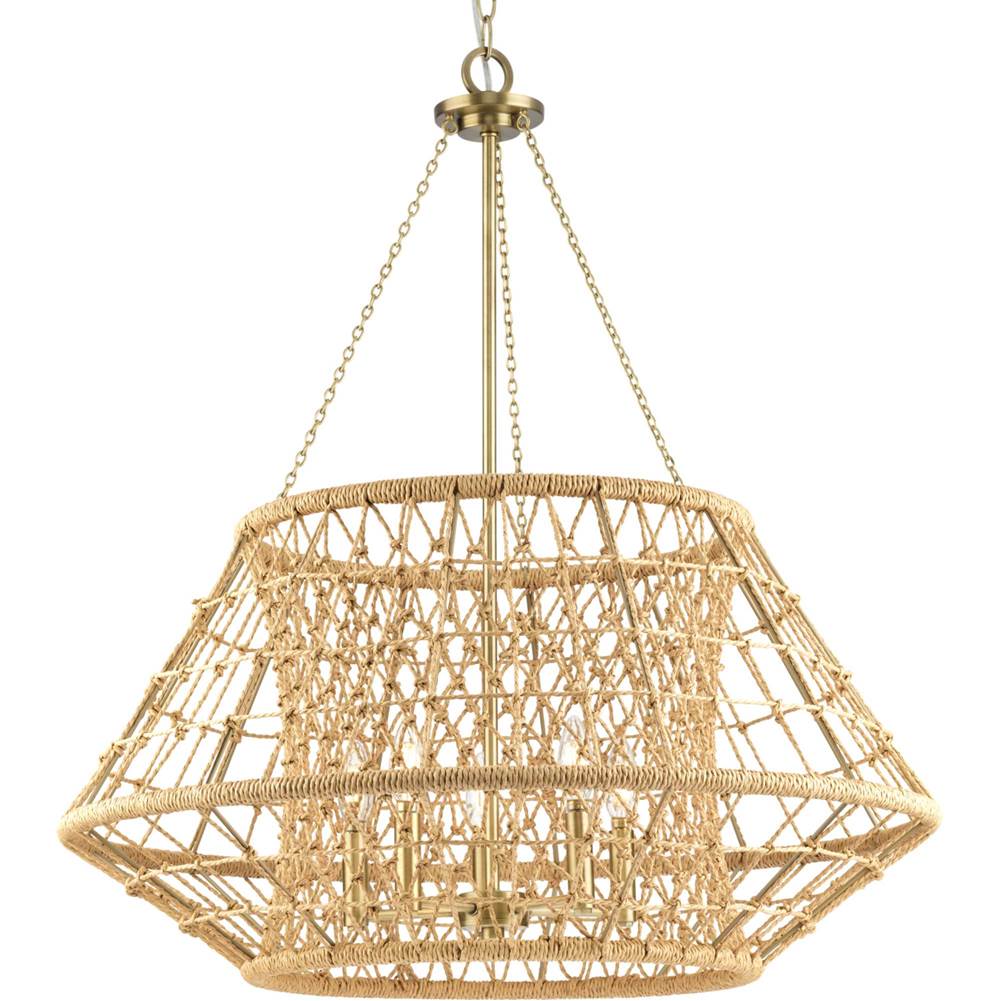 Progress Lighting Laila Collection Five-Light Vintage Brass Coastal Chandelier with Woven Jute Accents