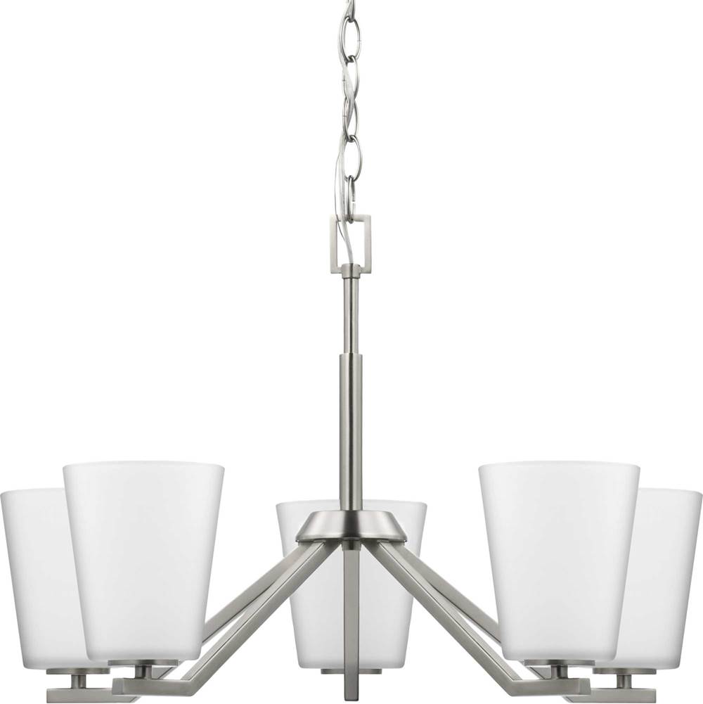 Progress Lighting Vertex Collection Five-Light Brushed Nickel Etched White Contemporary Chandelier