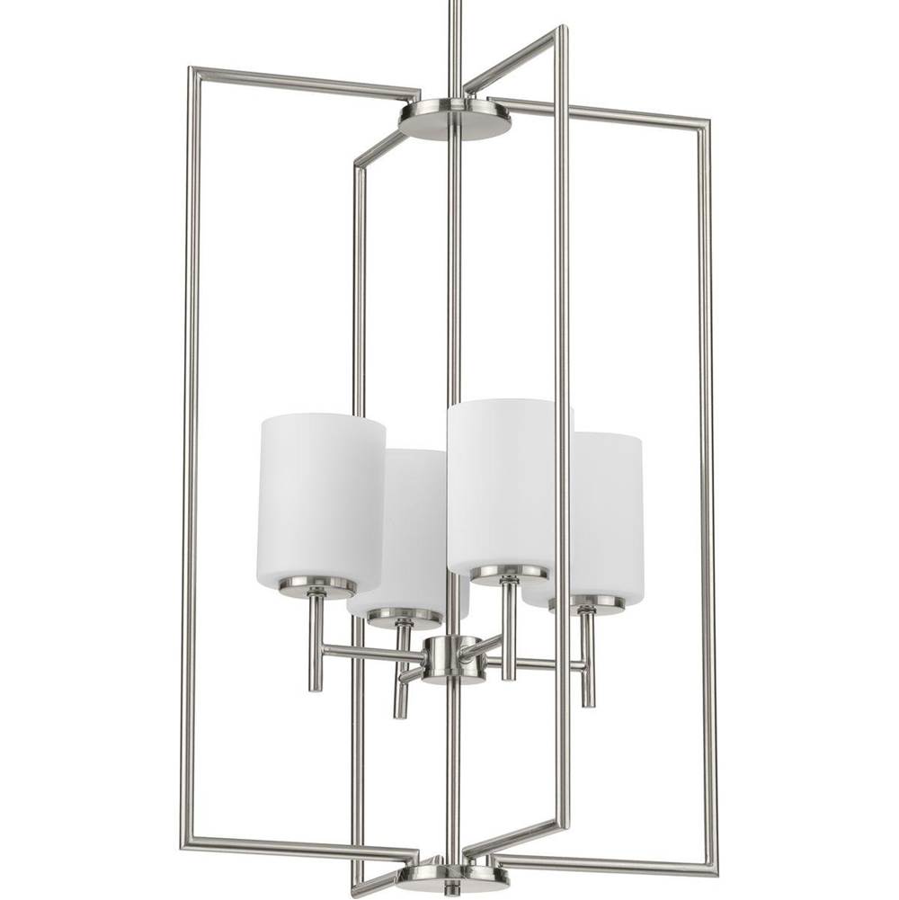 Progress Lighting Replay Collection Four-Light Brushed Nickel Etched White Glass Modern Pendant Light