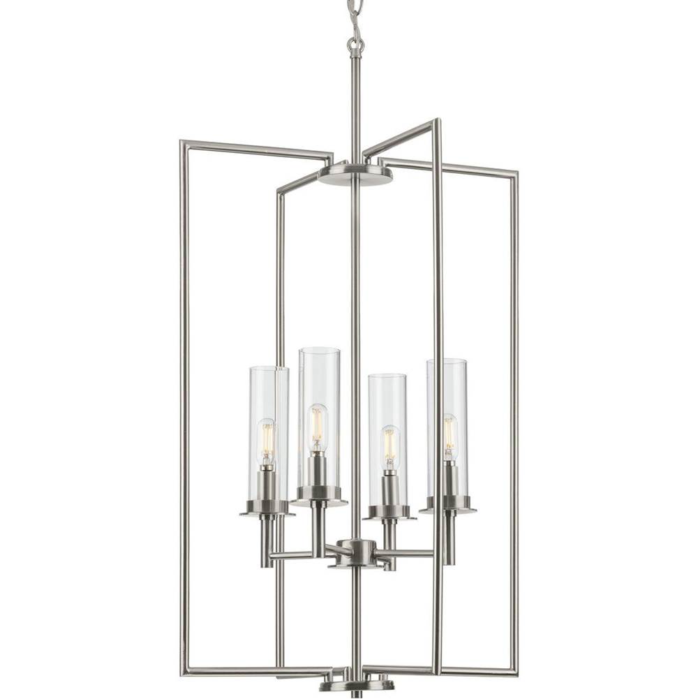 Progress Lighting Kellwyn Collection Four-Light Brushed Nickel and Clear Glass Transitional Style Foyer Pendant Light