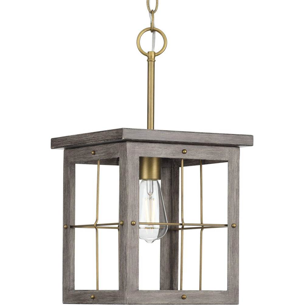 Progress Lighting Hedgerow Collection One-Light Distressed Brass and Aged Oak Farmhouse Style Hanging Mini-Pendant Light
