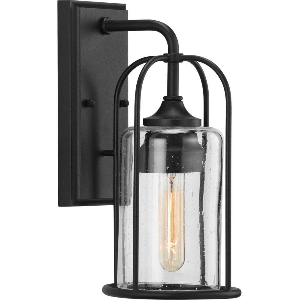 Progress Lighting Watch Hill Collection One-Light Textured Black and Clear Seeded Glass Farmhouse Style Small Outdoor Wall Lantern