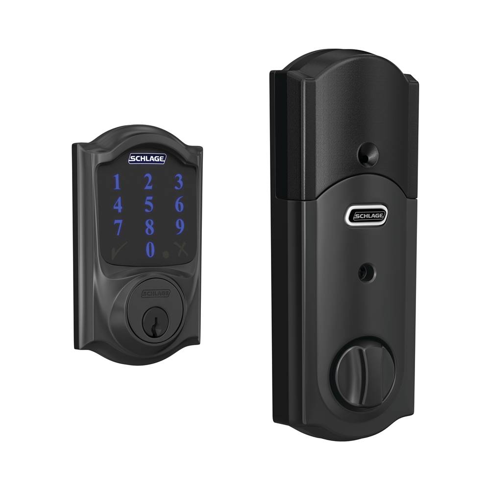 Schlage Connect Smart Deadbolt with alarm with Camelot Trim in Matte Black, Z-Wave Plus enabled