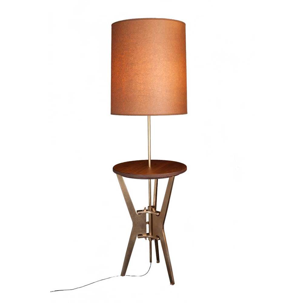Sun Valley Bronze Berkeley side table w/lamp. Includes 60W LED clear bulb and style-40/16'' cylinder lamp shade.  Specify square edge walnut or steel top.