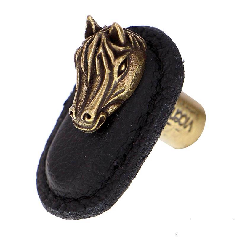 Vicenza Designs Equestre, Knob, Large, Leather, Horse, Black, Antique Brass