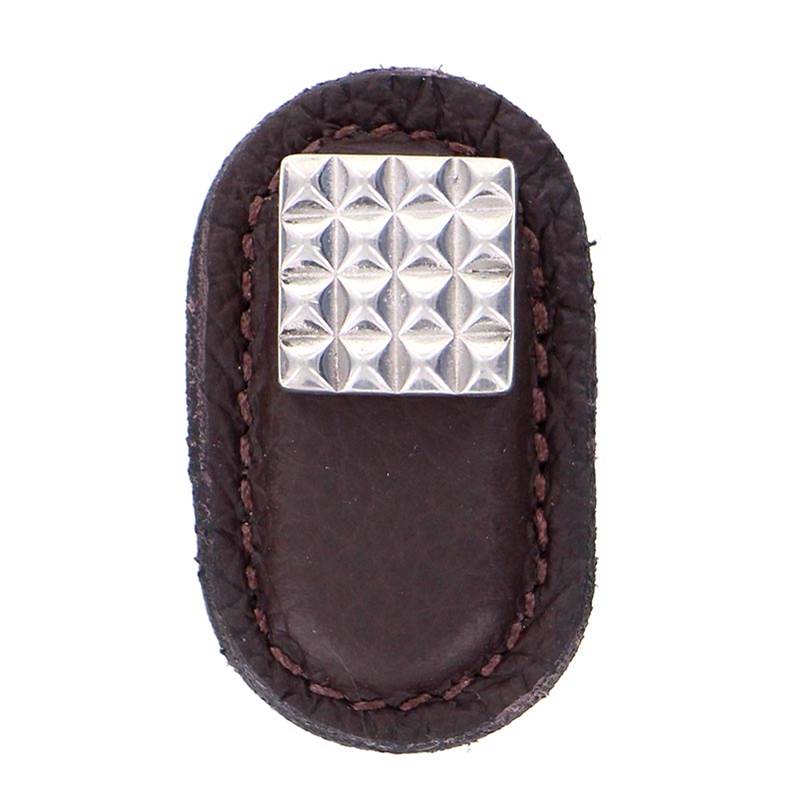 Vicenza Designs Tiziano, Knob, Large, Leather, Square, Brown, Polished Silver